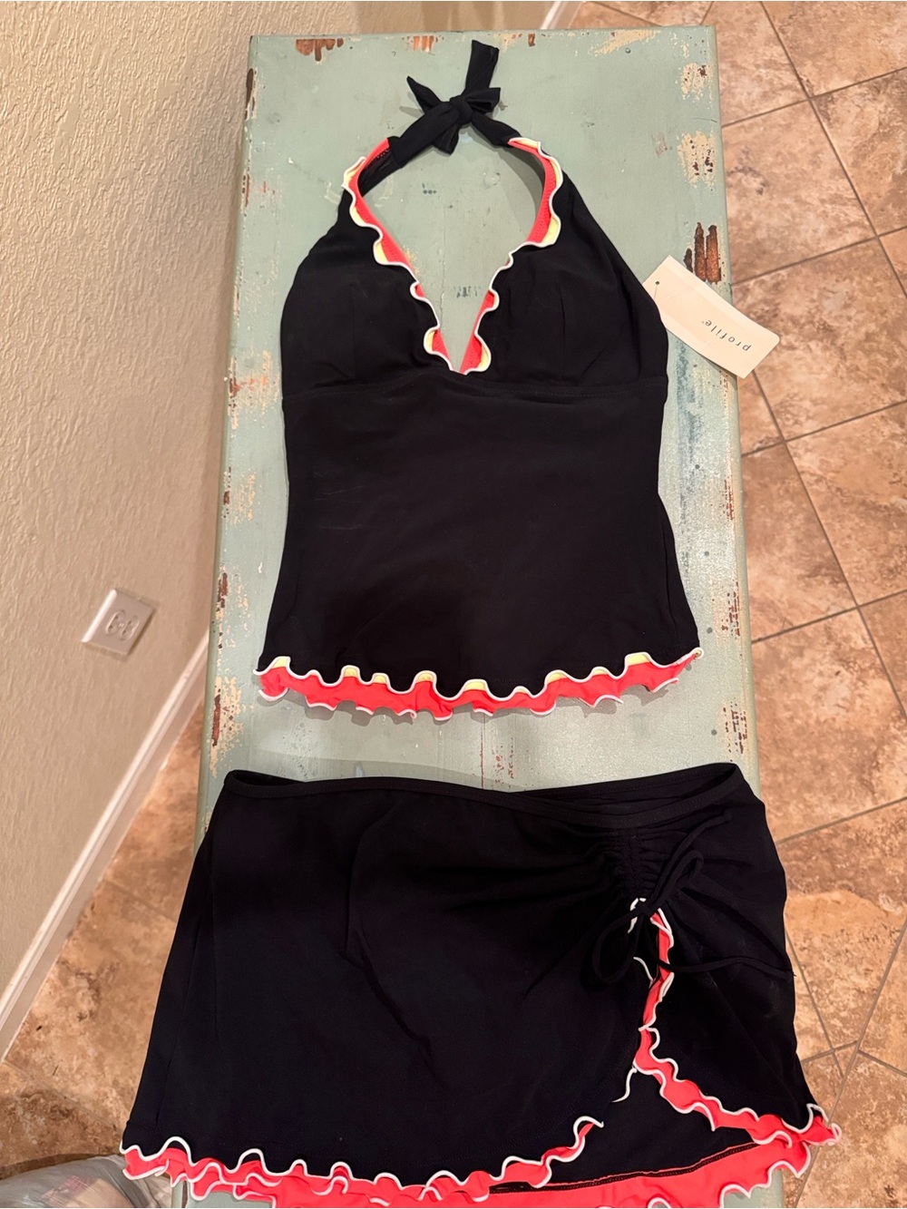 Black Halter Tankini with Pink & White Ruffle Trim